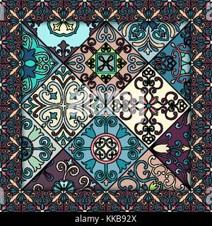 Seamless pattern with portuguese tiles in talavera style. Azulejo, moroccan, mexican ornaments Stock Vector