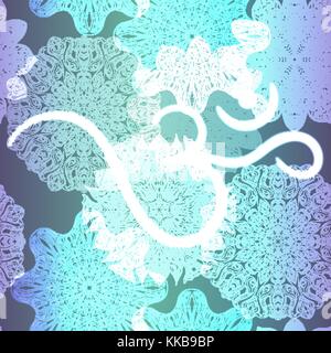 Ornate floral seamless texture, endless pattern with glowing bright mandala elements and ohm symbol. Stock Vector