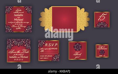 Vintage wedding invitation design set include Invitation card, Save the date, RSVP card, Thank you card, Table number, Place cards Stock Vector
