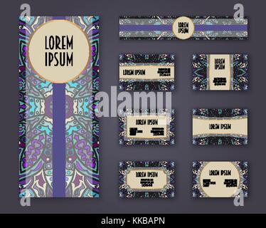 Business cards, invitations and banner template set. Ethnic mandala pattern and ornaments in boho style. Oriental design Layout. Asian, Arabic, Indian Stock Vector