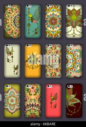 Phone cover collection, ethnic, tribal, mandala pattern. Vector background. Vintage decorative elements. Hand drawn background. Islam, arabic, indian, Stock Vector