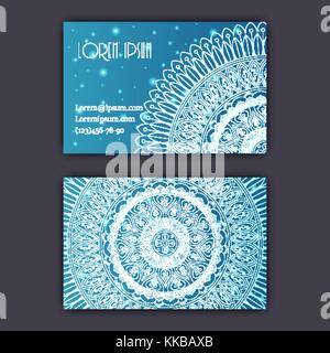 Vector vintage visiting card set. Glowing shiny floral mandala pattern and ornaments. Luxury design Stock Vector