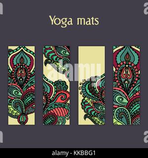 Set of yoga, pilates, meditation mats with indian hand drawn floral ornament Stock Vector