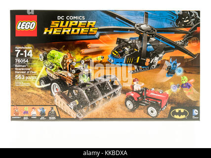 Winneconne, WI - 19 November 2017:  A box of Lego featuring DC Comics Super Heroes with Batman and Scarecrow on an on an isolated background. Stock Photo