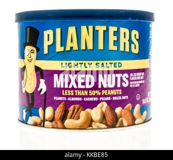 Winneconne, WI - 20 November 2017:  A container of Planters lightly salted mixed nuts on an on an isolated background. Stock Photo