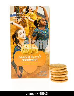 Winneconne, WI - 20 November 2017:  A package of Peanut butter sandwich girl scout cookies on an on an isolated background. Stock Photo