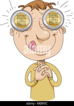 A greedy cartoon man with bitcoins in his eyes thinks about speculative wealth. The word bitcoin appears on the coins in binary code. Stock Vector