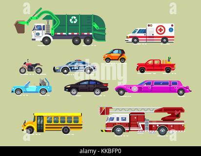 Vector flat-styled set of various city and urban vehicles: vintage limousine, garbage truck, school bus, police car, cabrio, ambulance, minicar, sedan Stock Vector