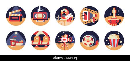 Vector flat-styled icon set of movie gears and cinema accessories with yellow, red and blue elements Stock Vector