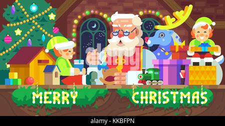 Vector flat-styled Christmas illustration of Santa Claus in a workshop with elves, deer and gifts Stock Vector
