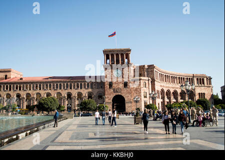 Unidentified people walking around the Republic Square in Yerevan, Armenia Stock Photo