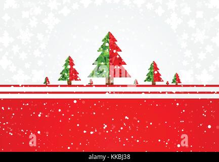 Christmas and New Year. greeting card template with Christmas tree, snow, snowflake, copy space, Vector illustration Stock Vector