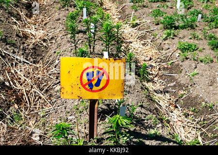 No walking on flowers warning sign in the garden. footprints in the crossed  circle. Stock Photo