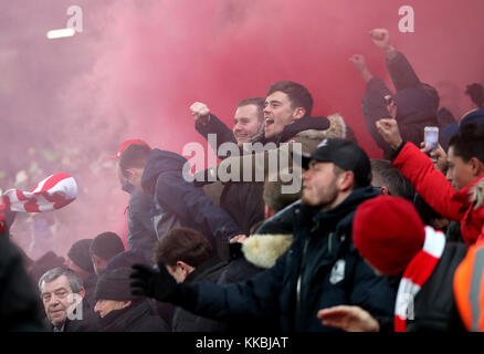 Stoke City fans show their support in the stands during the Premier League match at the bet365 Stadium, Stoke. PRESS ASSOCIATION Photo. Picture date: Wednesday November 29, 2017 Stock Photo