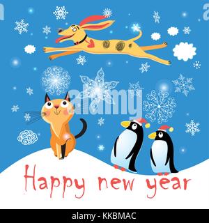 Winter postcard with a cat dog and penguins on a blue background with snowflakes Stock Vector