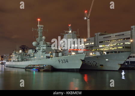Two Frigates of NATO's SNMG1 paying a port-call to London seen moored in West India Dock in Canary Wharf, London Stock Photo