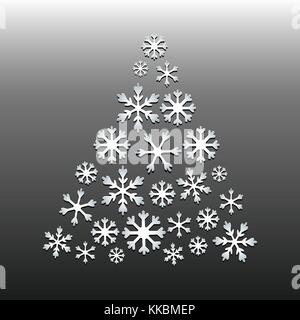 White snowflake Christmas tree on gray background. Christmas vector card Stock Vector