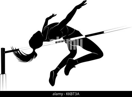 Vector silhouette female athlete jumping over the bar. High jump athletic competition background Stock Vector