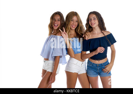 Thee teen best friends girls happy together on white background Stock Photo