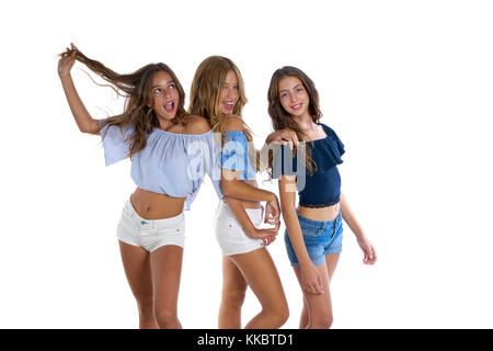 Thee teen best friends girls happy together on white background Stock Photo