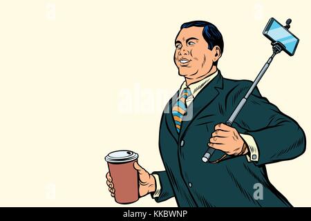 Asian businessman with a selfie stick and coffee. Pop art retro vector illustration Stock Vector