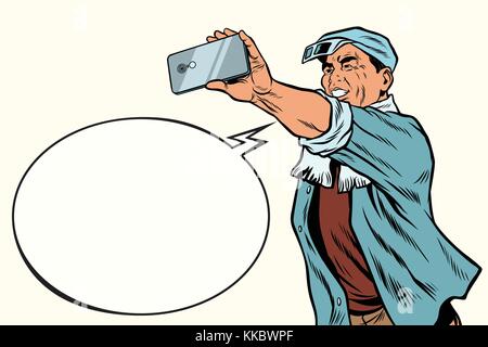 Asian factory worker makes a selfie. Shooting on a smartphone. Pop art retro vector illustration Stock Vector