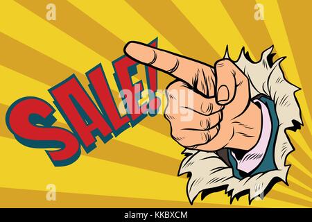 The index finger shows on sale. Pop art retro vector illustration Stock Vector