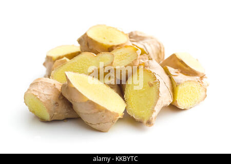 Sliced ginger root isolated on white background. Stock Photo