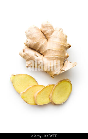 Sliced ginger root isolated on white background. Stock Photo