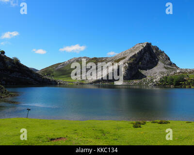 View of Lake Enol at Lakes of Covadonga in Asturias, Spain Stock Photo