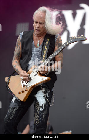 FORT LAUDERDALE, FL - APRIL 16: Rickey Medlocke of Lynyrd Skynyrd performs onstage during Tortuga Music Festival on April 16, 2016 in Fort Lauderdale, Florida.  People:  Rickey Medlocke Stock Photo