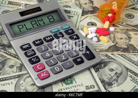 medicare Plan B text sign on calculator screen with prescriptions drugs and bottle on paper money Stock Photo
