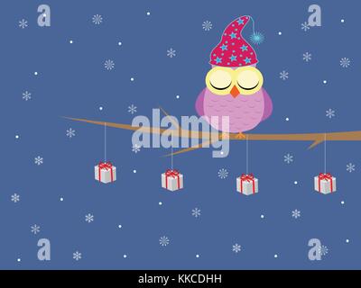 Cute merry christmas owl sleeping in a tree Stock Vector