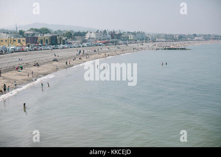 People on the stony beach in Bray enjoying sunny May day realxing , walking and having fun in the water. Stock Photo