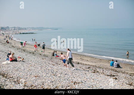 People on the stony beach in Bray enjoying sunny May day realxing , walking and having fun in the water. Stock Photo