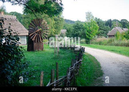 Reconstruction of old timber village in Folk Architecture Museum in Sanok – the biggest open-air museum in Poland Stock Photo