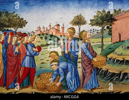 Cristofor de Predis (1440-1486). Italian miniaturist. Feeding the multitude. Miracles of Jesus. Codex De Predis. (1476). Royal Library. Turin. Italy. Stock Photo