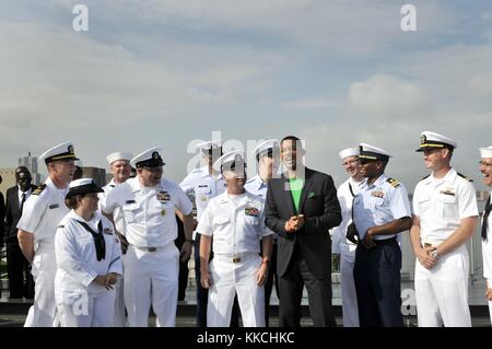 Actor Will Smith poses for a photo with Sailors aboard the Intrepid Sea, Air and Space museum ship during Fleet Week New York 2012, New York. Image courtesy Mass Communication Specialist 2nd Class Drae Parker/US Navy, 2012. Stock Photo