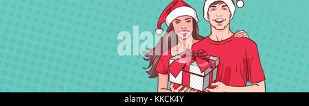 Christmas Poster With Man And Woman In Santa Hats Holding Gift Happy Couple Over Comin Pin Up Background Winter Holidays Concept Stock Vector