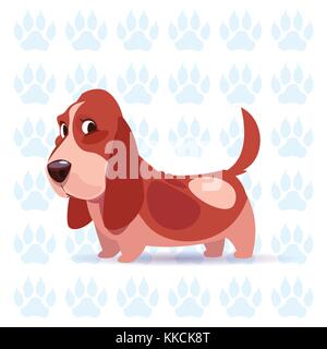 Dog Basset Hound Happy Cartoon Sitting Over Footprints Background Cute Pet Stock Vector