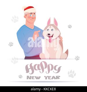 Happy New Year Card With Man In Santa Hat Embracing Cute Husky Dog Over Foot Prints On White Background Stock Vector