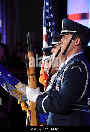 The Los Angeles Air Force Base Honor Guard stands in front of the crowd during Presentation of the Colors at the Air Force Association’s annual Los Angeles Air Force Ball in Beverly Hills, Calif., Nov.17, 2017. Stock Photo
