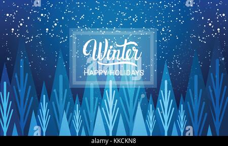 Winter Is Coming Happy Holidays Greeting Card Background Snowfalls Over Blue Forest Stock Vector