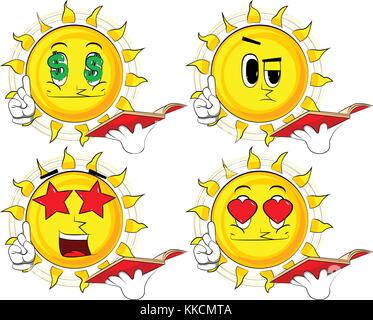 Cartoon sun reading a red book and making a point. Collection with various facial expressions. Vector set. Stock Vector