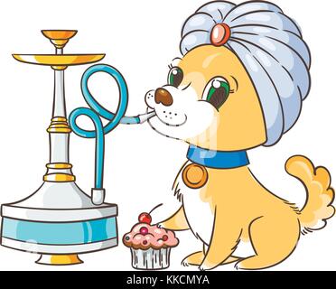 Happy golden cartoon puppy smoking hookah in turban. Cute little dog wearing collar. Vector illustration. Stock Vector