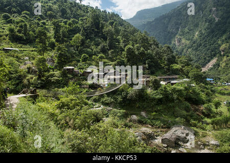 Suspension bridge on the Manaslu Circuit Trek, Nepal Stock Photo