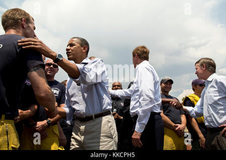 President Barack Obama greets personnel at Fire Station No. 9 in Colorado Springs, Colo., June 29, 2012. (Official White House Photo by Pete Souza)  This official White House photograph is being made available only for publication by news organizations and/or for personal use printing by the subject(s) of the photograph. The photograph may not be manipulated in any way and may not be used in commercial or political materials, advertisements, emails, products, promotions that in any way suggests approval or endorsement of the President, the First Family, or the White House. Stock Photo