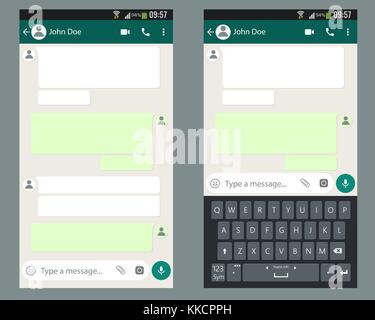 Mobile UI kit Chat app with mobile keyboard template on smartphone screen. Vector illustration Stock Vector