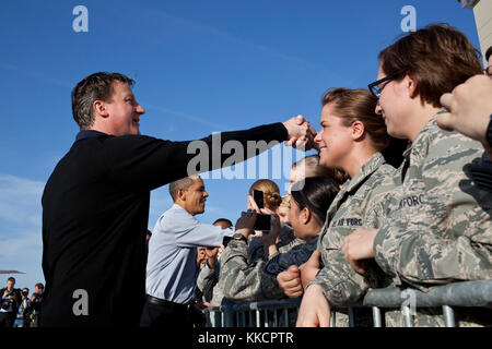 President Barack Obama and Prime Minister David Cameron of the United Kingdom greet U.S. service members at Wright-Paterson Air Force Base in Dayton, Ohio, March 13, 2012. Stock Photo