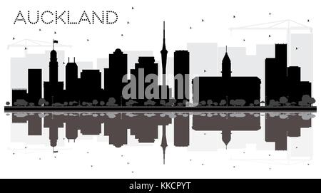 Auckland New Zealand City skyline black and white silhouette with Reflections. Vector Illustration. Business travel concept. Cityscape with landmarks. Stock Vector